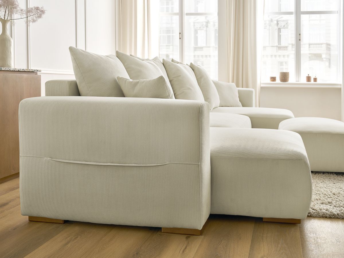 Canapé panoramique convertible réversible coffre SIDONIE velours côtelé avec pouf