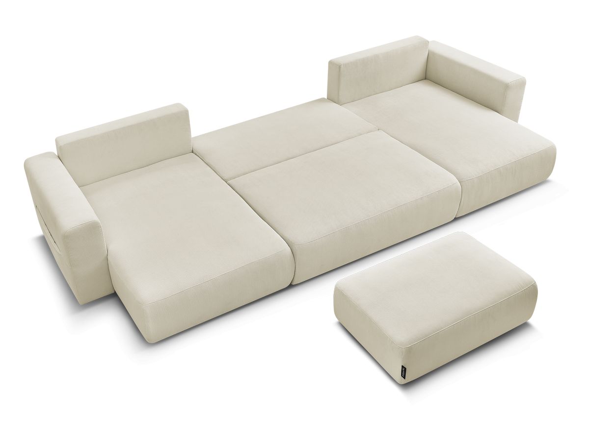 Canapé panoramique convertible réversible coffre SIDONIE velours côtelé avec pouf