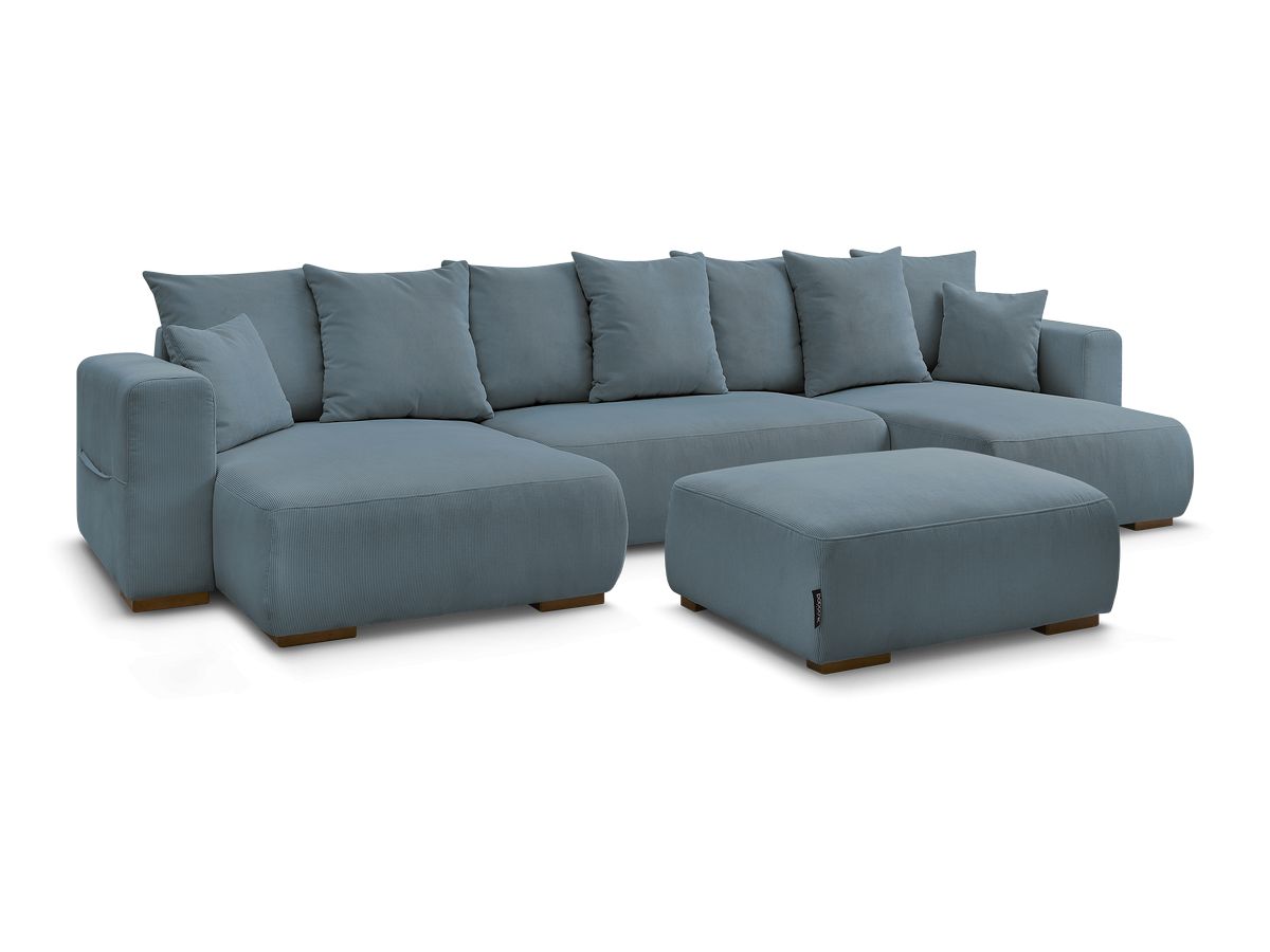 Canapé panoramique convertible réversible coffre SIDONIE velours côtelé avec pouf