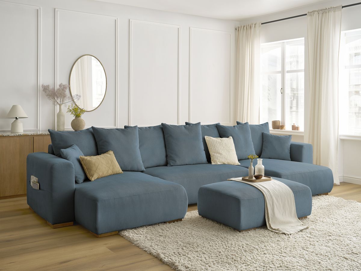 Canapé panoramique convertible réversible coffre SIDONIE velours côtelé avec pouf