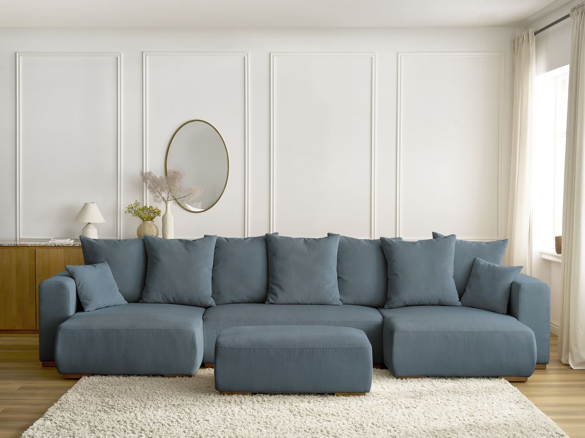 Canapé panoramique convertible réversible coffre SIDONIE velours côtelé avec pouf bleu foncé   BOBOCHIC 5 places - Vue supplémentaire 3