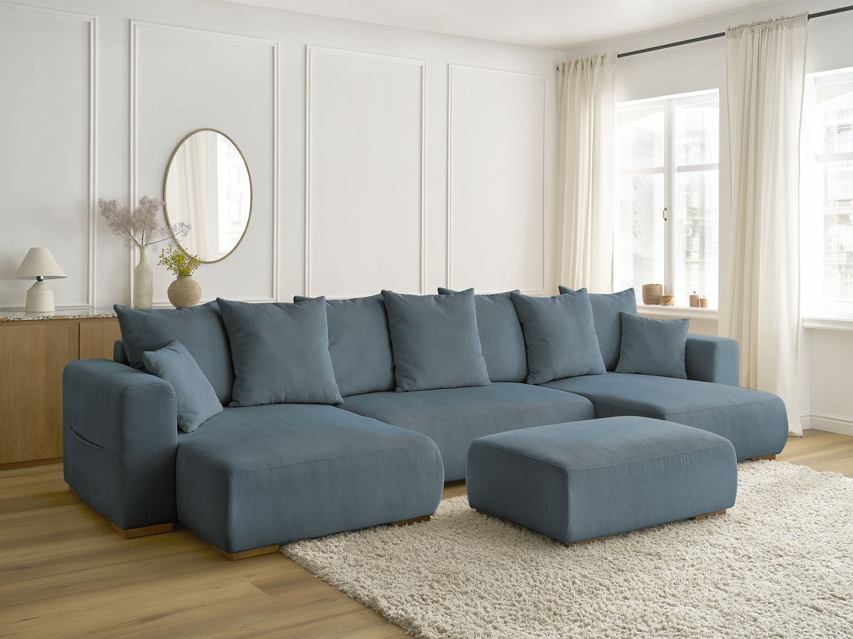 Canapé panoramique convertible réversible coffre SIDONIE velours côtelé avec pouf
