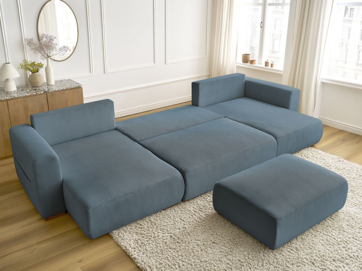Canapé panoramique convertible réversible coffre SIDONIE velours côtelé avec pouf