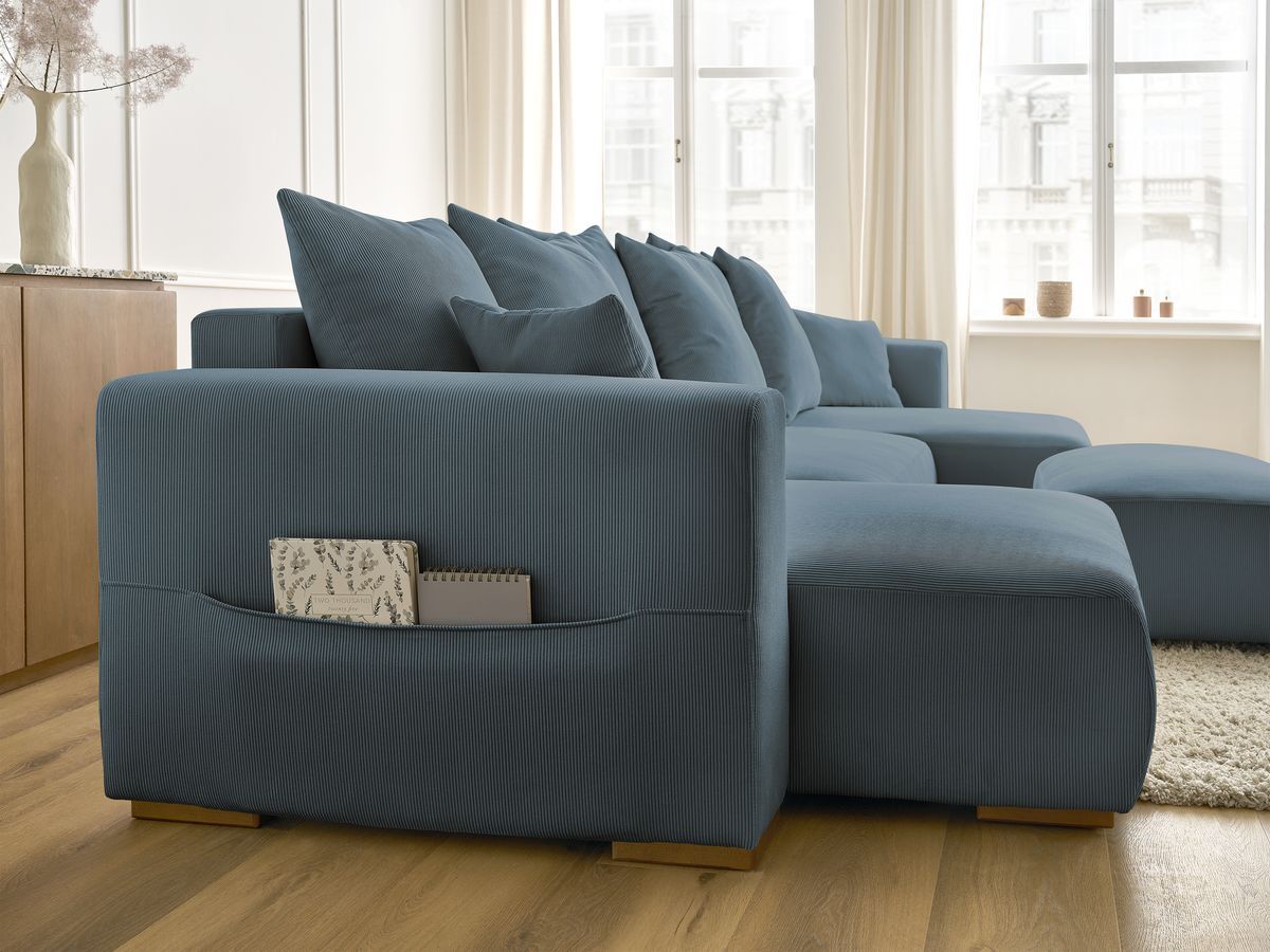 Canapé panoramique convertible réversible coffre SIDONIE velours côtelé avec pouf