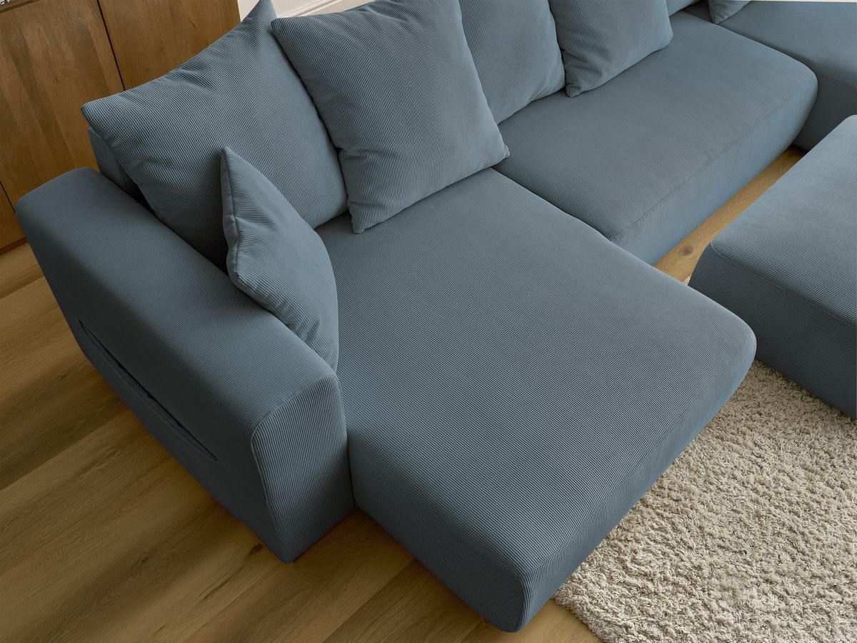 Canapé panoramique convertible réversible coffre SIDONIE velours côtelé avec pouf
