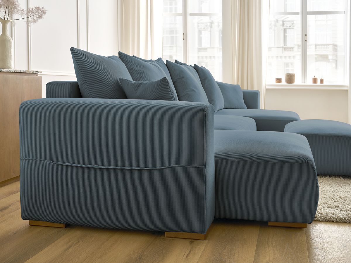 Canapé panoramique convertible réversible coffre SIDONIE velours côtelé avec pouf