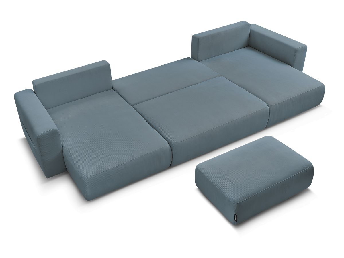 Canapé panoramique convertible réversible coffre SIDONIE velours côtelé avec pouf