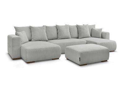 Canapé panoramique convertible réversible coffre SIDONIE velours côtelé avec pouf