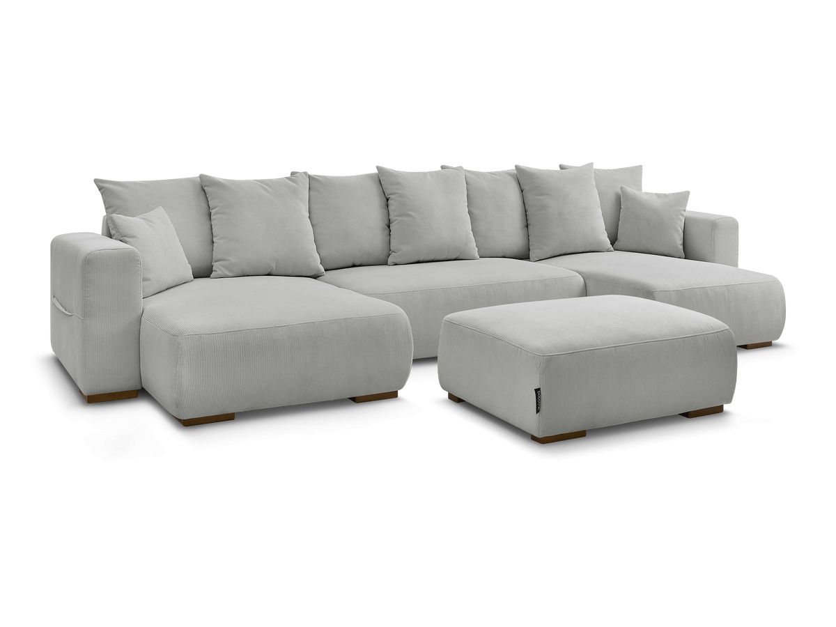 Canapé panoramique convertible réversible coffre SIDONIE velours côtelé avec pouf