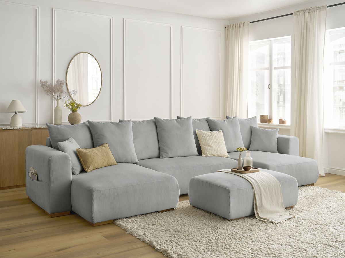 Canapé panoramique convertible réversible coffre SIDONIE velours côtelé avec pouf