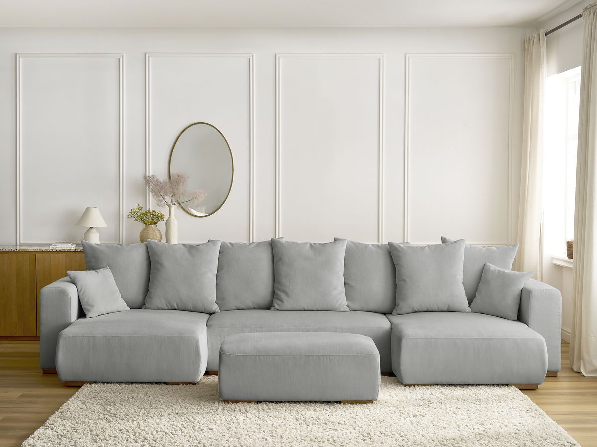 Canapé panoramique convertible réversible coffre SIDONIE velours côtelé avec pouf gris clair — vue 5