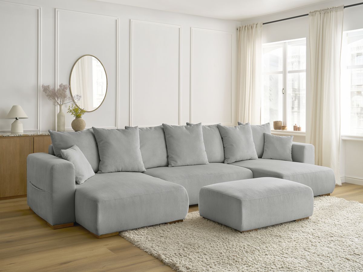 Canapé panoramique convertible réversible coffre SIDONIE velours côtelé avec pouf