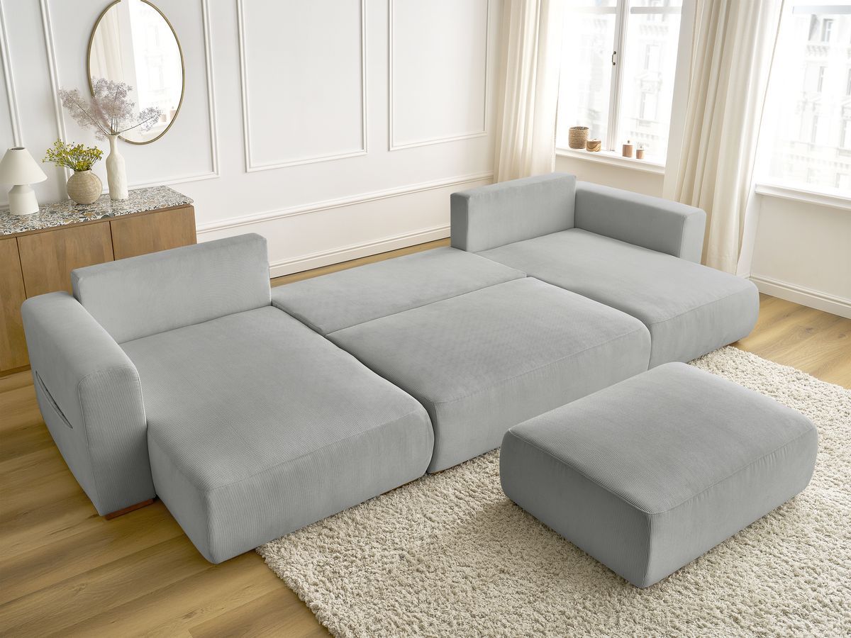 Canapé panoramique convertible réversible coffre SIDONIE velours côtelé avec pouf