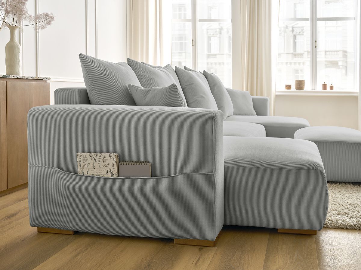 Canapé panoramique convertible réversible coffre SIDONIE velours côtelé avec pouf
