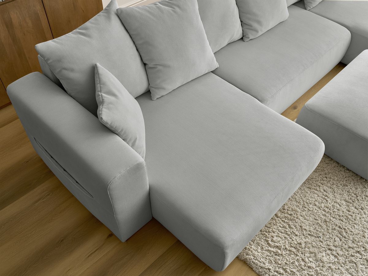 Canapé panoramique convertible réversible coffre SIDONIE velours côtelé avec pouf