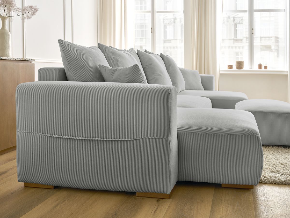 Canapé panoramique convertible réversible coffre SIDONIE velours côtelé avec pouf