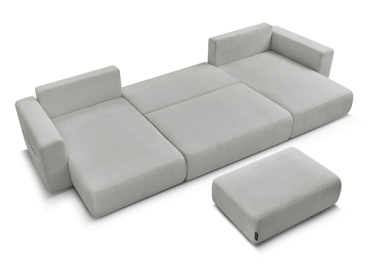 Canapé panoramique convertible réversible coffre SIDONIE velours côtelé avec pouf