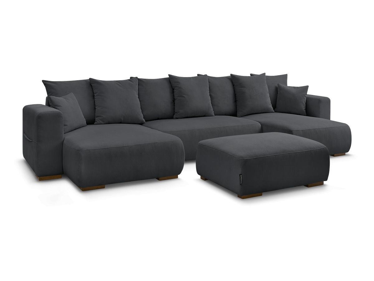 Canapé panoramique convertible réversible coffre SIDONIE velours côtelé avec pouf