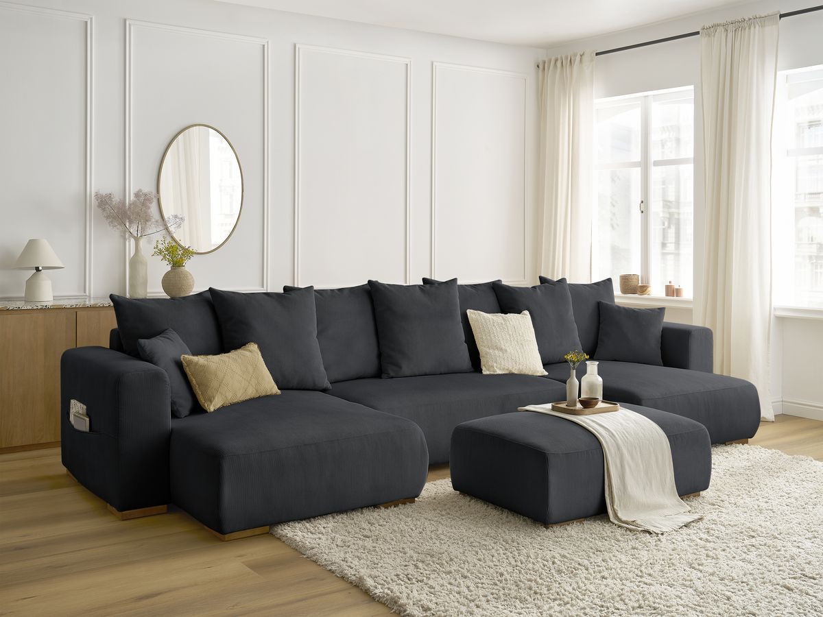 Canapé panoramique convertible réversible coffre SIDONIE velours côtelé avec pouf