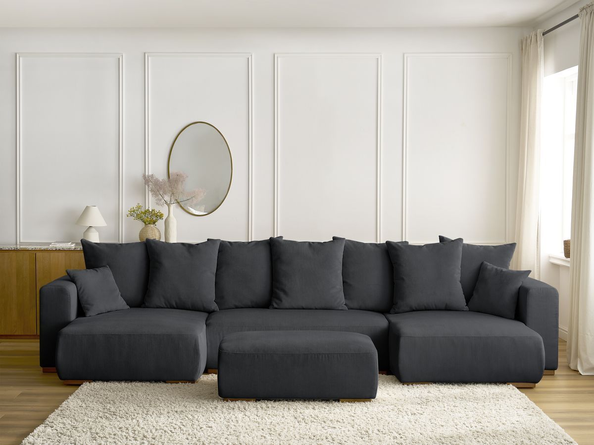 Canapé panoramique convertible réversible coffre SIDONIE velours côtelé avec pouf noir — vue 5