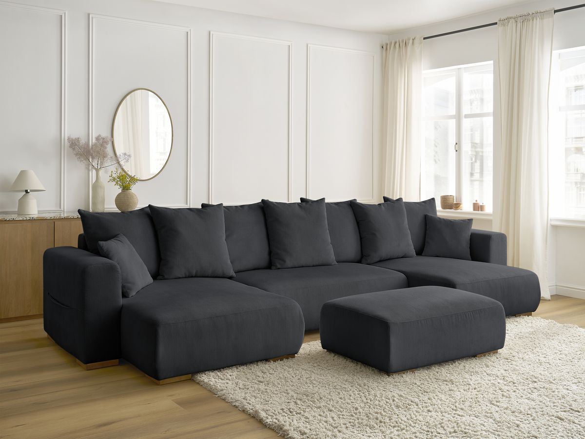 Canapé panoramique convertible réversible coffre SIDONIE velours côtelé avec pouf