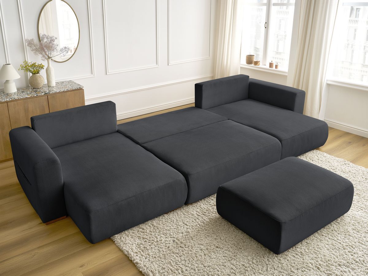 Canapé panoramique convertible réversible coffre SIDONIE velours côtelé avec pouf