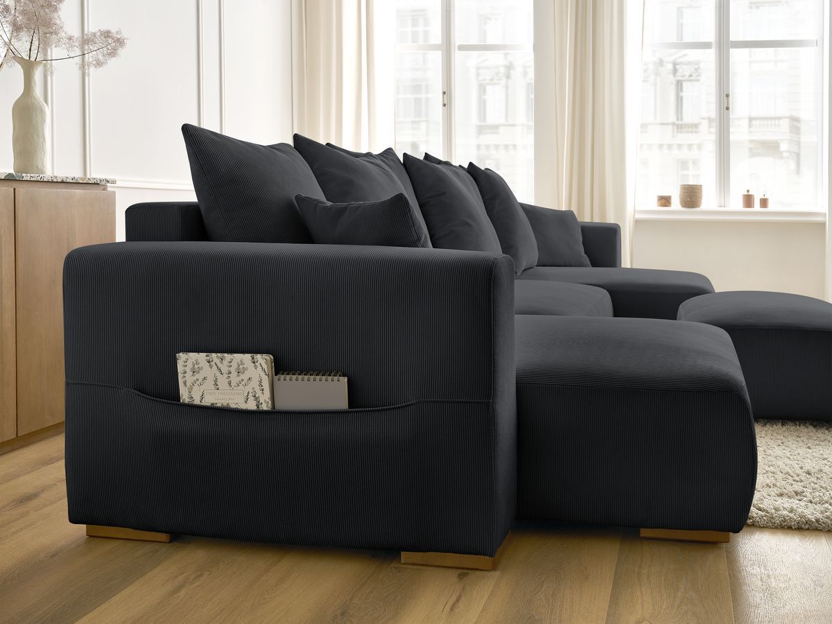 Canapé panoramique convertible réversible coffre SIDONIE velours côtelé avec pouf