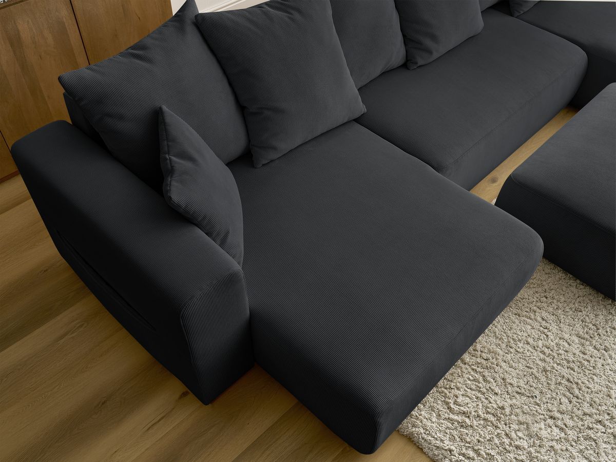 Canapé panoramique convertible réversible coffre SIDONIE velours côtelé avec pouf