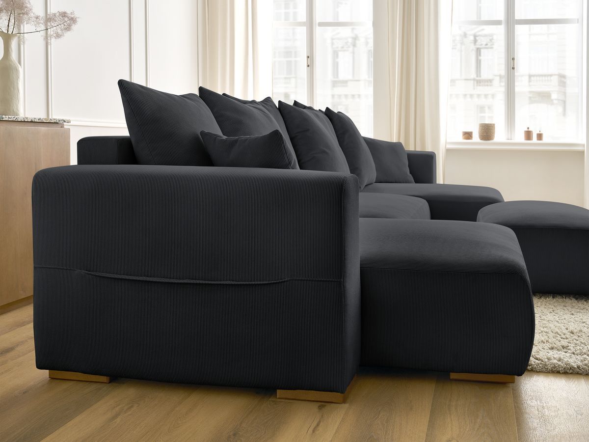 Canapé panoramique convertible réversible coffre SIDONIE velours côtelé avec pouf