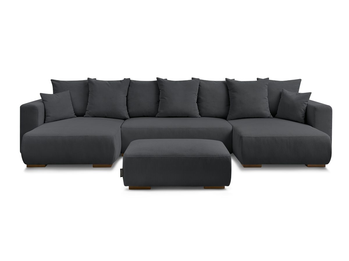 Canapé panoramique convertible réversible coffre SIDONIE velours côtelé avec pouf