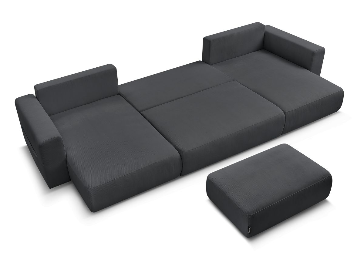 Canapé panoramique convertible réversible coffre SIDONIE velours côtelé avec pouf