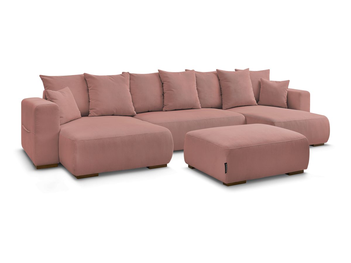 Canapé panoramique convertible réversible coffre SIDONIE velours côtelé avec pouf