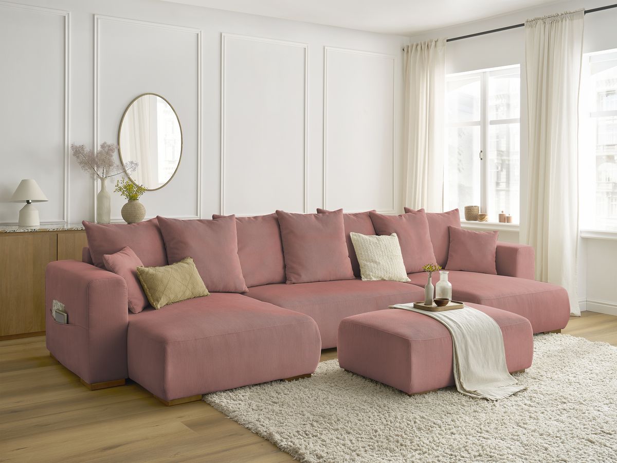 Canapé panoramique convertible réversible coffre SIDONIE velours côtelé avec pouf