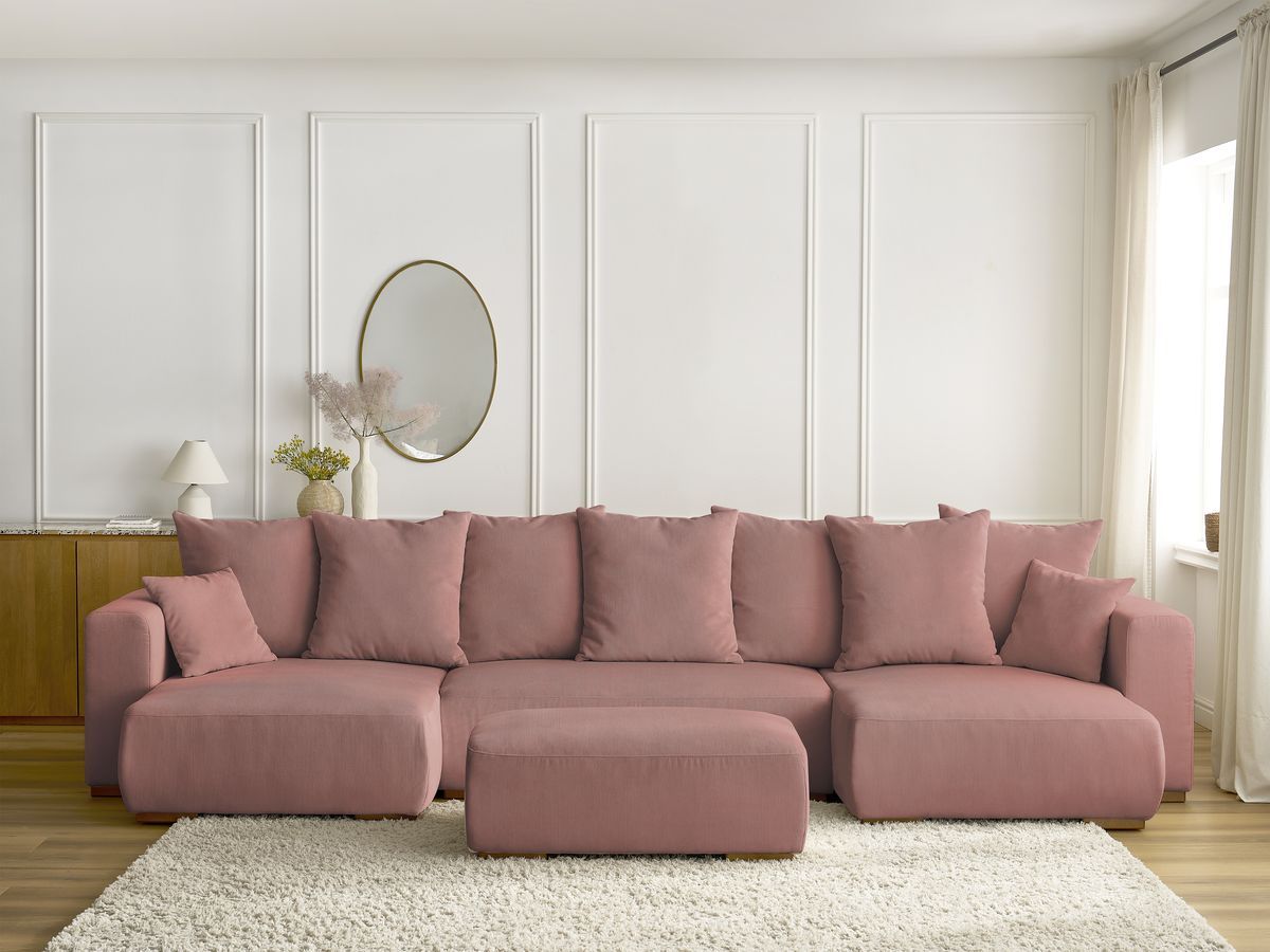 Canapé panoramique convertible réversible coffre SIDONIE velours côtelé avec pouf rose — vue 5