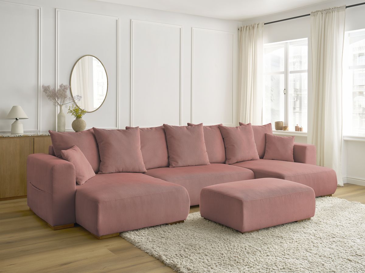 Canapé panoramique convertible réversible coffre SIDONIE velours côtelé avec pouf