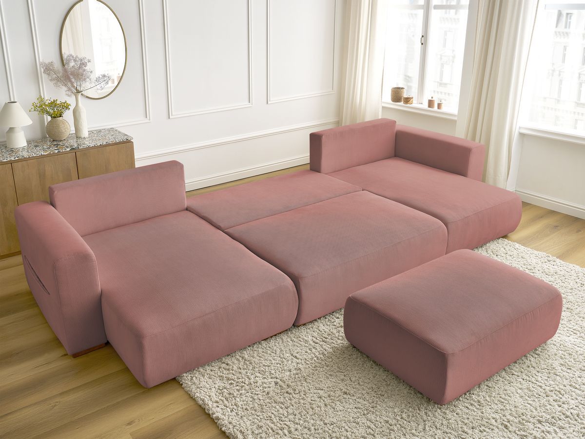 Canapé panoramique convertible réversible coffre SIDONIE velours côtelé avec pouf