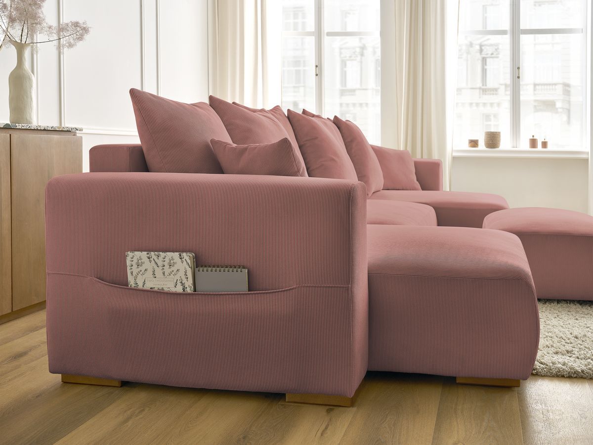 Canapé panoramique convertible réversible coffre SIDONIE velours côtelé avec pouf