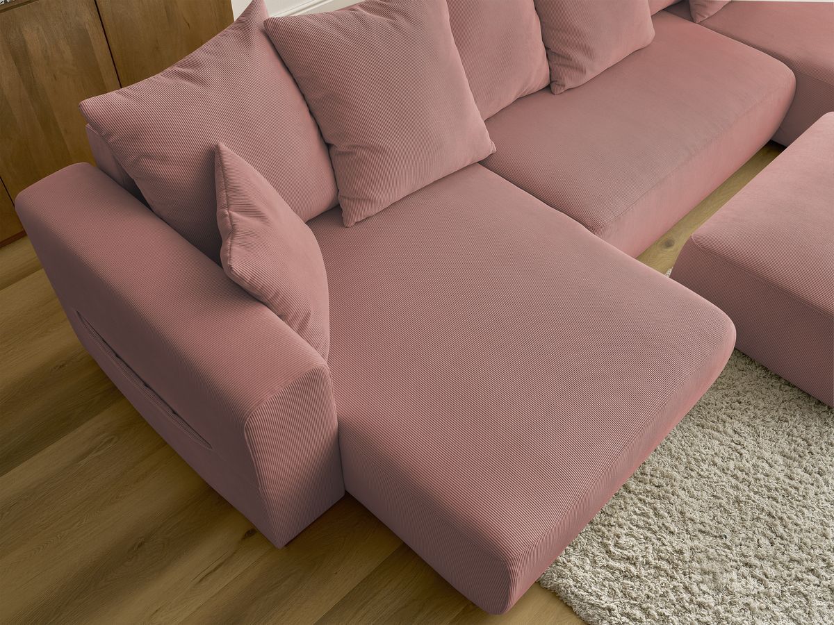 Canapé panoramique convertible réversible coffre SIDONIE velours côtelé avec pouf