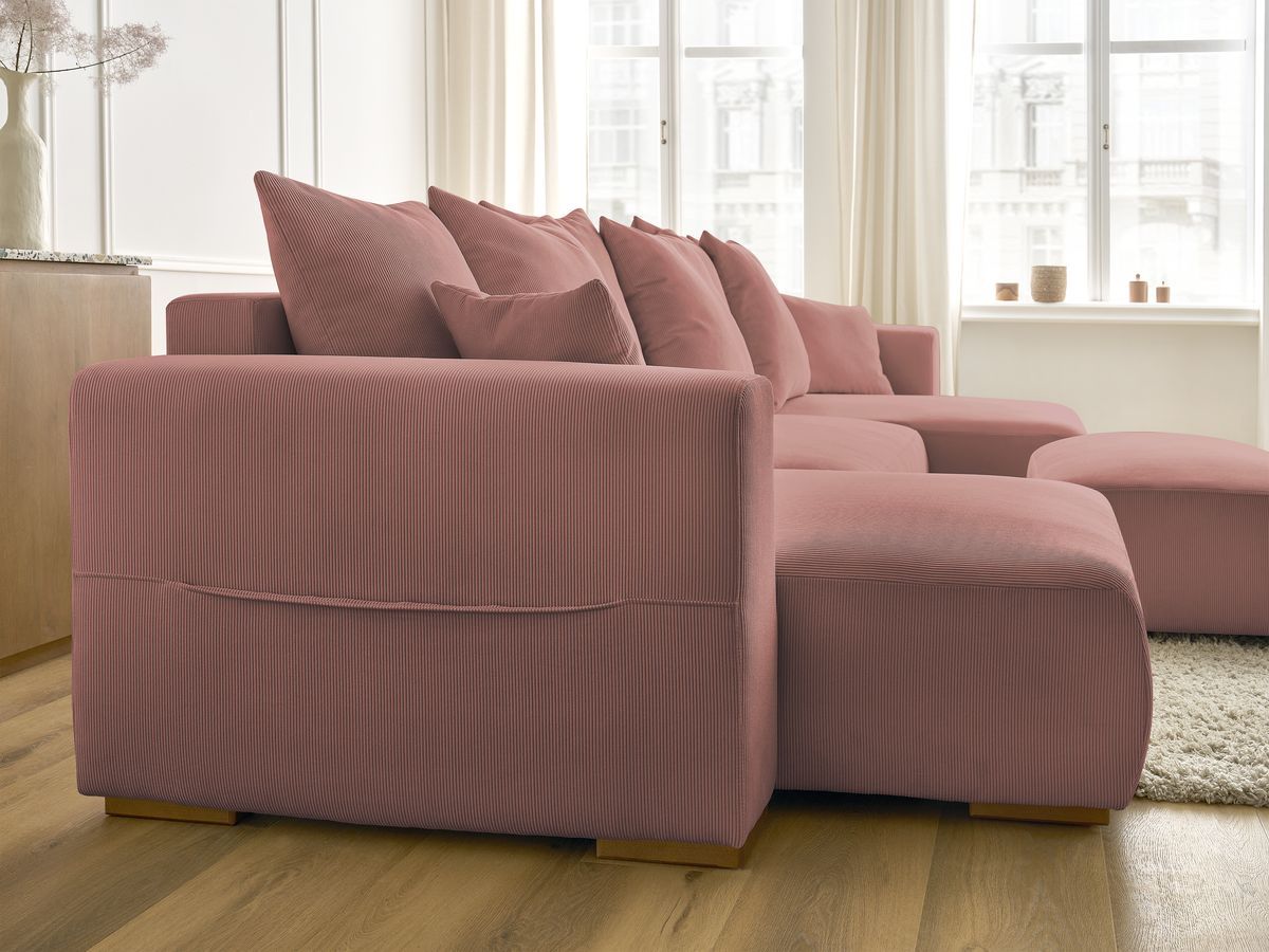 Canapé panoramique convertible réversible coffre SIDONIE velours côtelé avec pouf
