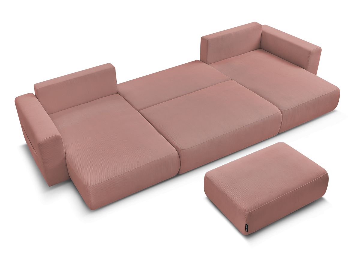 Canapé panoramique convertible réversible coffre SIDONIE velours côtelé avec pouf