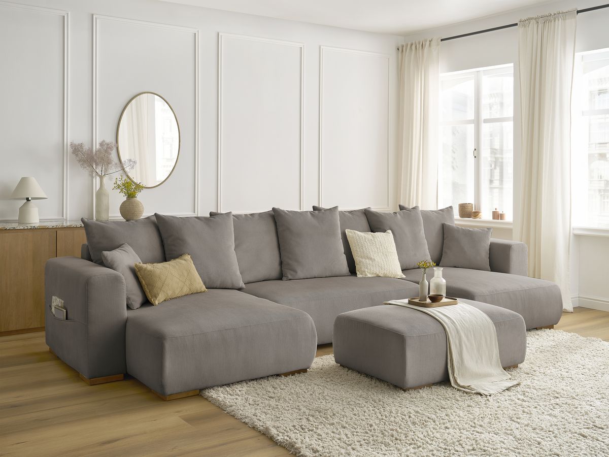 Canapé panoramique convertible réversible coffre SIDONIE velours côtelé avec pouf