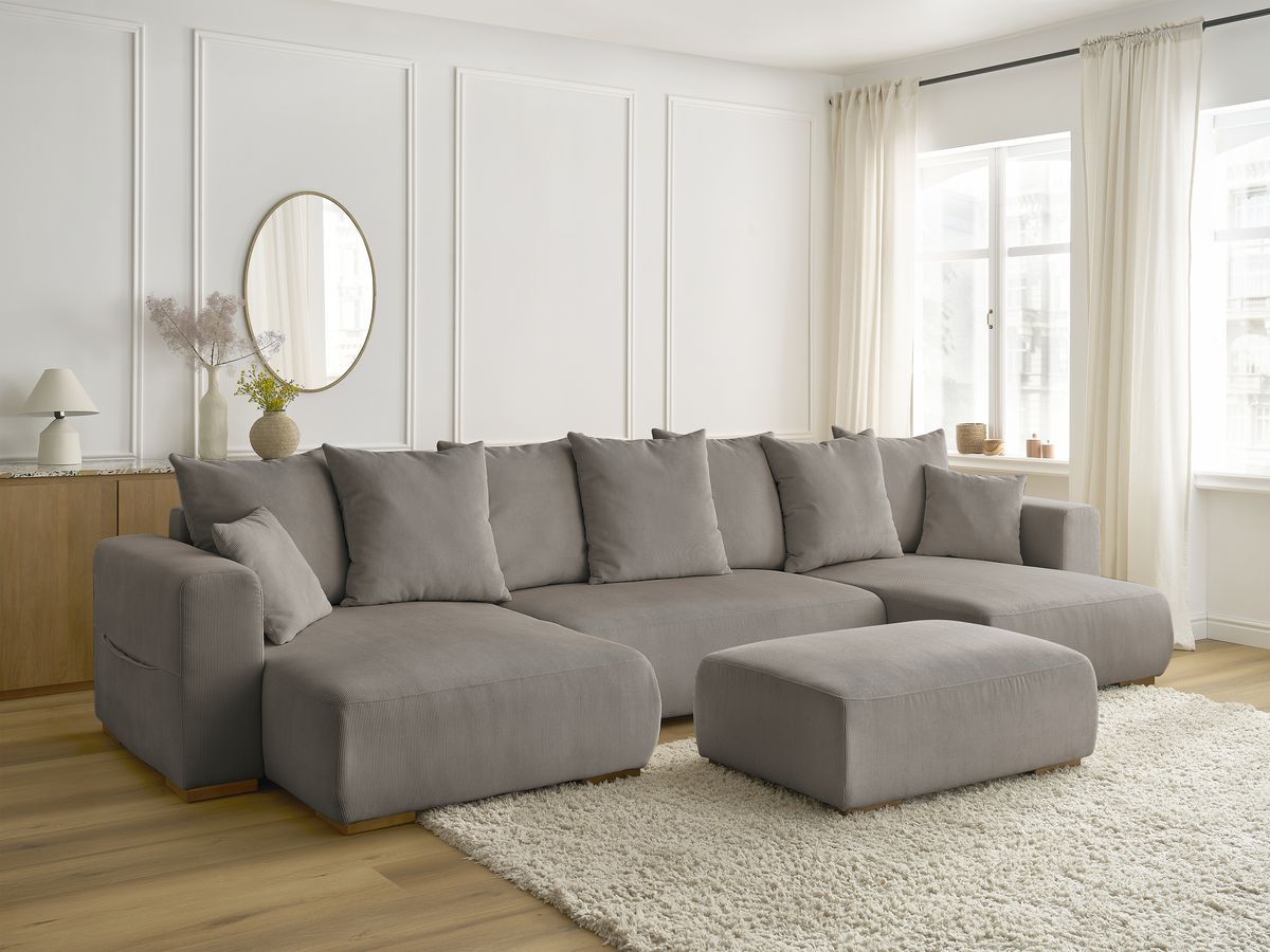 Canapé panoramique convertible réversible coffre SIDONIE velours côtelé avec pouf