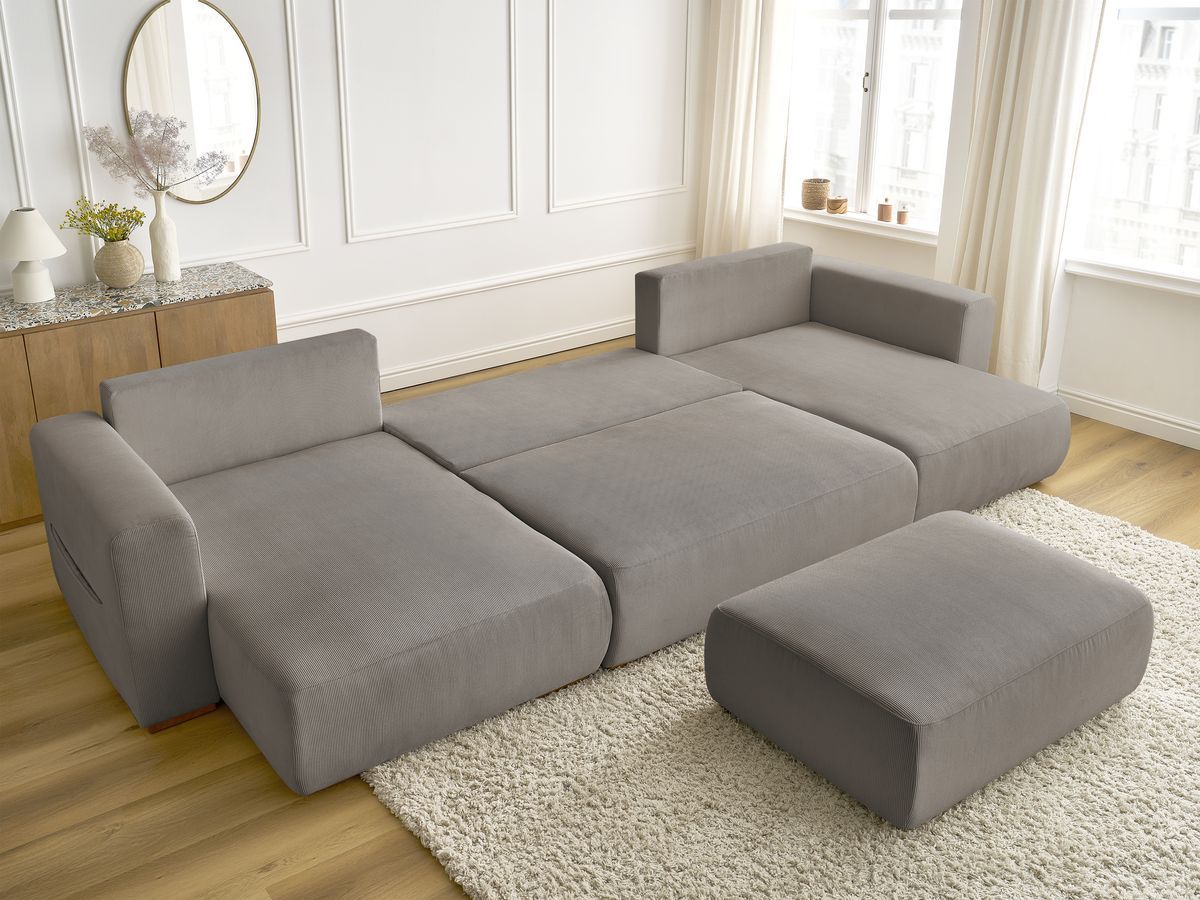 Canapé panoramique convertible réversible coffre SIDONIE velours côtelé avec pouf