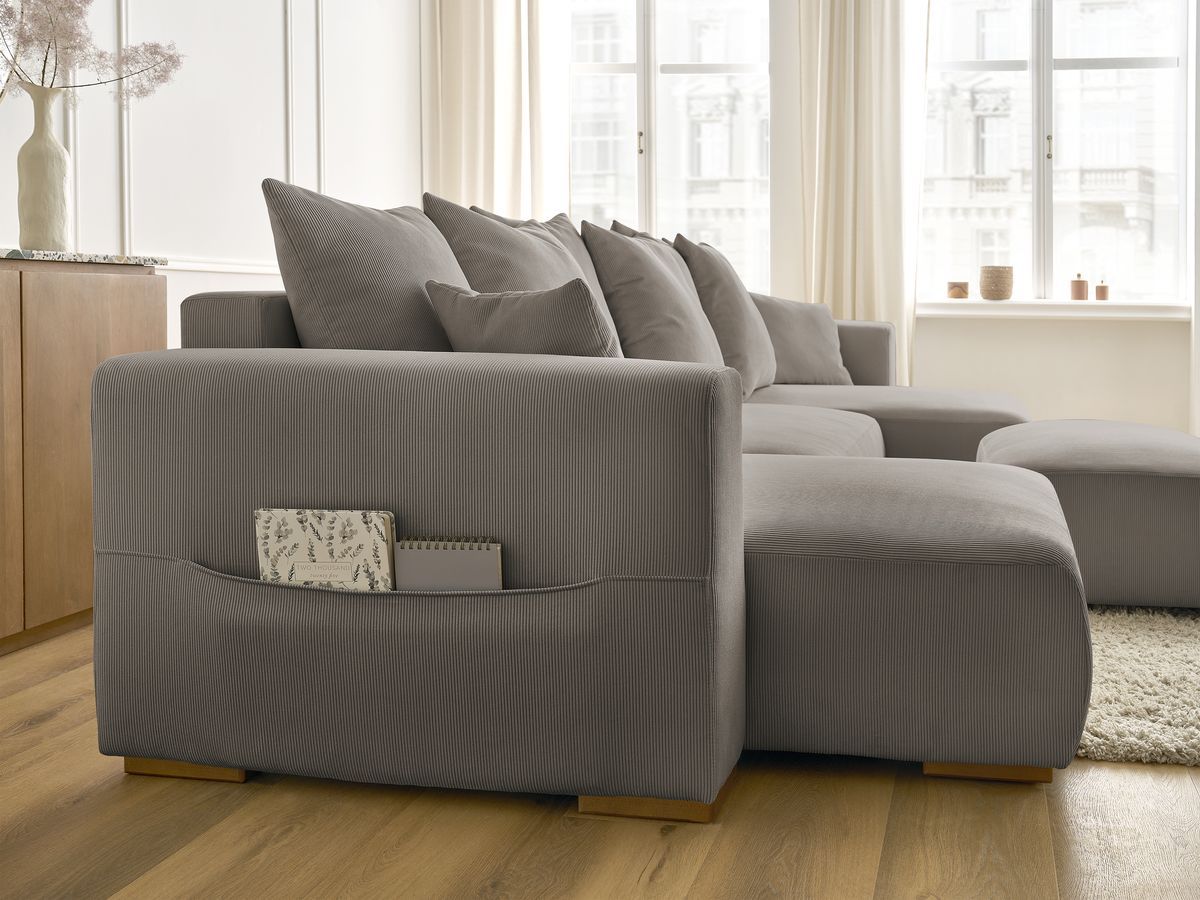 Canapé panoramique convertible réversible coffre SIDONIE velours côtelé avec pouf