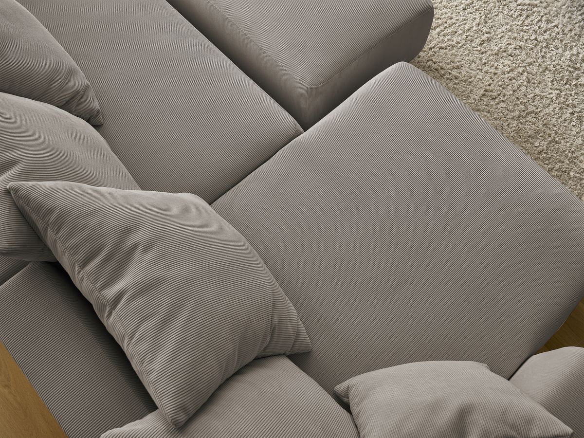 Canapé panoramique convertible réversible coffre SIDONIE velours côtelé avec pouf
