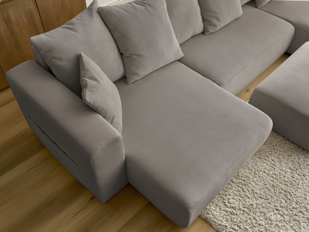 Canapé panoramique convertible réversible coffre SIDONIE velours côtelé avec pouf