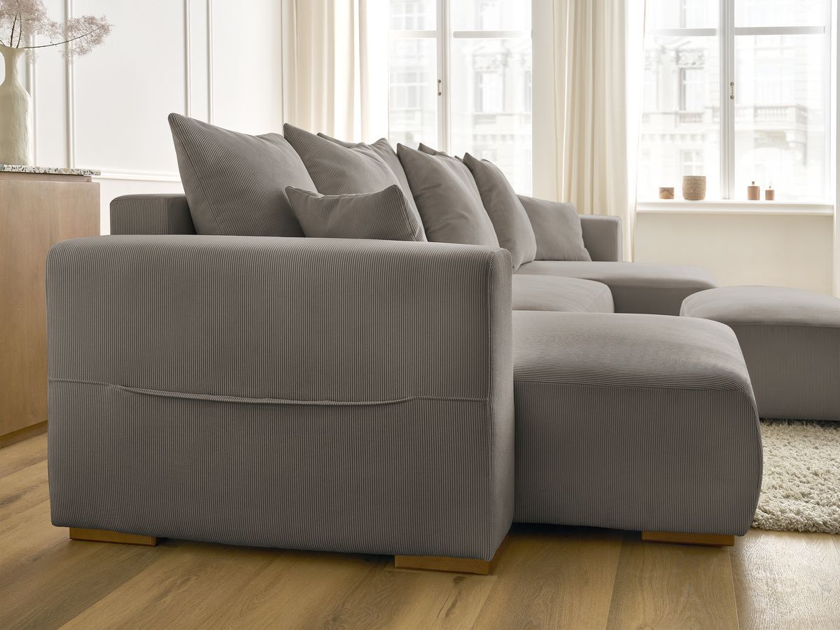 Canapé panoramique convertible réversible coffre SIDONIE velours côtelé avec pouf