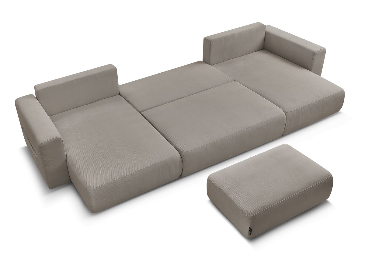 Canapé panoramique convertible réversible coffre SIDONIE velours côtelé avec pouf