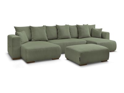 Canapé panoramique convertible réversible coffre SIDONIE velours côtelé avec pouf
