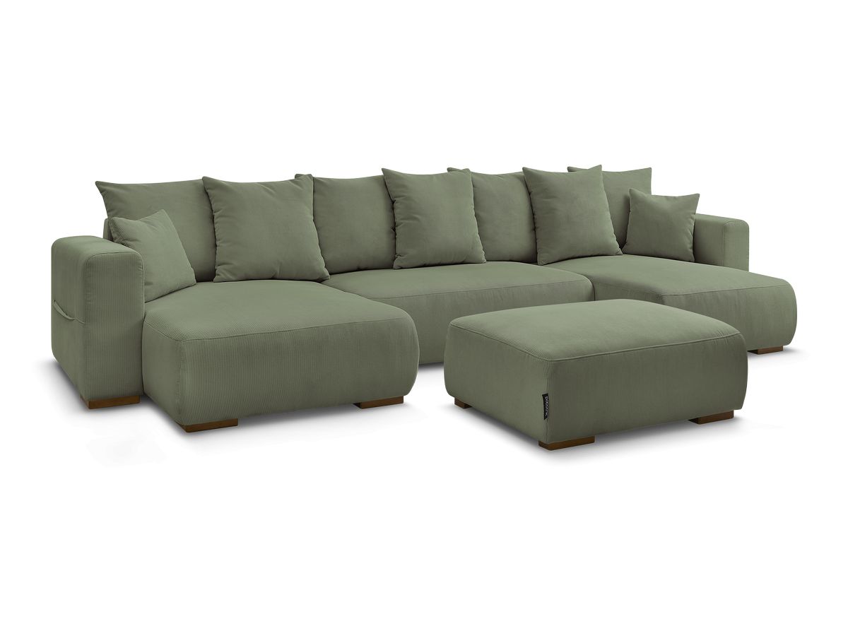Canapé panoramique convertible réversible coffre SIDONIE velours côtelé avec pouf